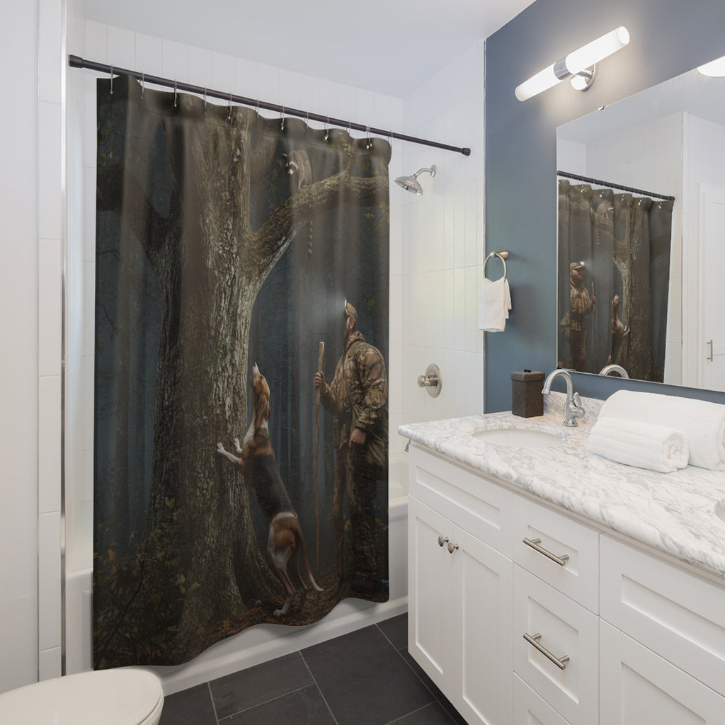 Hunter in the Woods Shower Curtain — Rustic Hunting Cabin Bathroom Décor