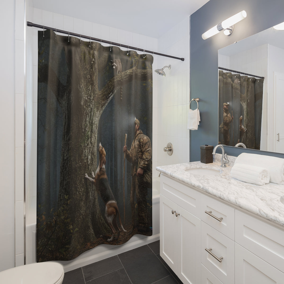 Hunter in the Woods Shower Curtain — Rustic Hunting Cabin Bathroom Décor