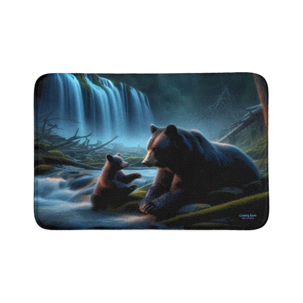 Bear Family Bath Mat Set — 3-Piece Forest Waterfall Bathroom Rug Set