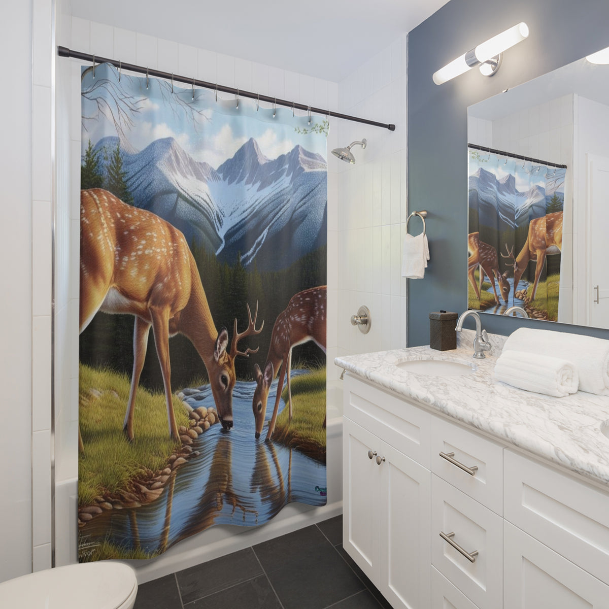Deer Mountain Shower Curtain — Scenic Woodland Deer & Snowy Peaks Bathroom Decor