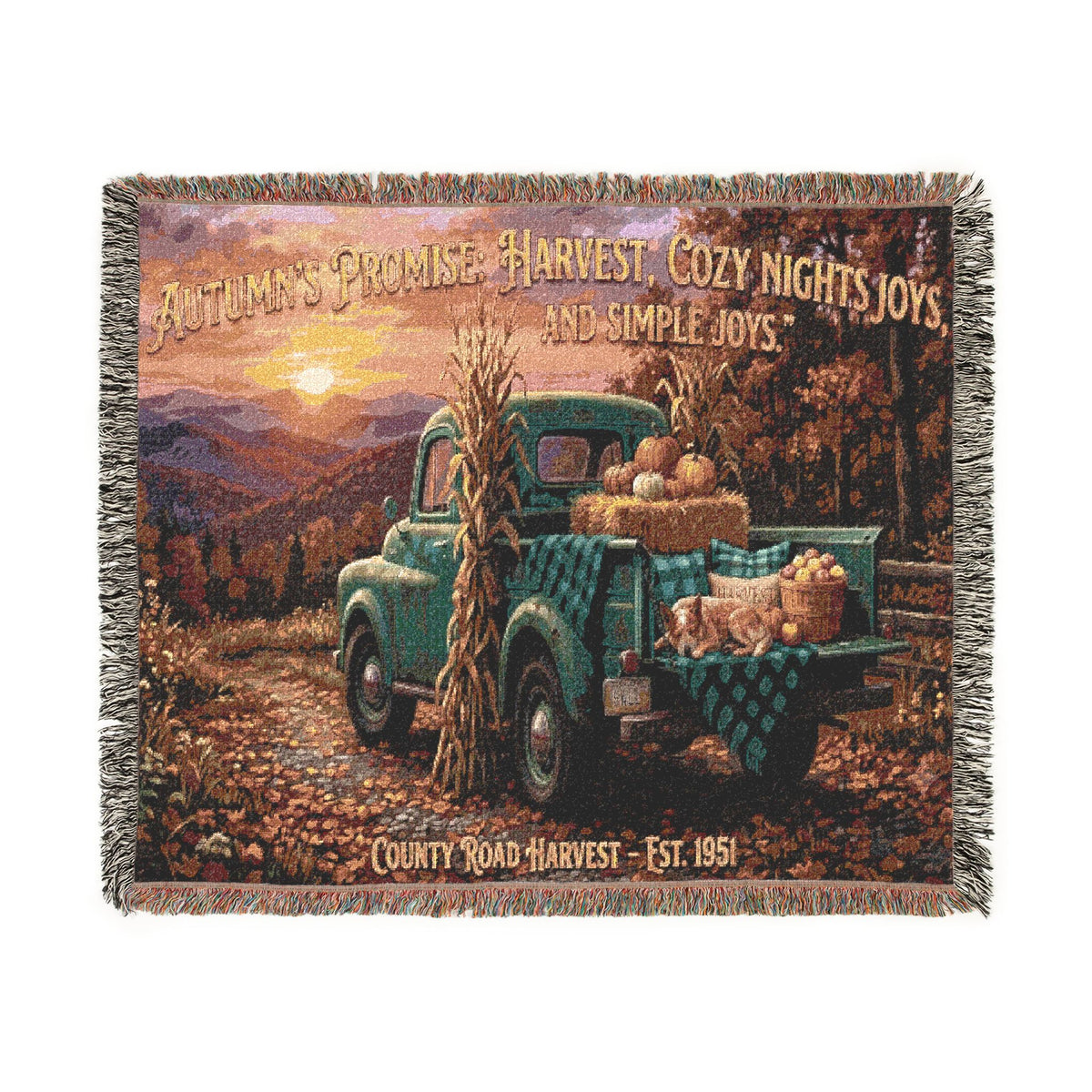 Vintage Truck Woven Blanket – Rustic Sunset Farmhouse Throw