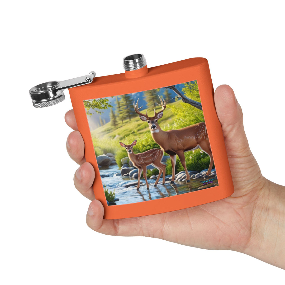 6oz Stainless Steel Flask — Deer & Fawn Streamside Woodland Design