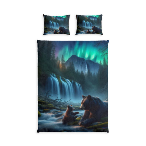 Aurora Bear Waterfall Cotton Duvet Cover Set — Northern Lights Animal Bedding