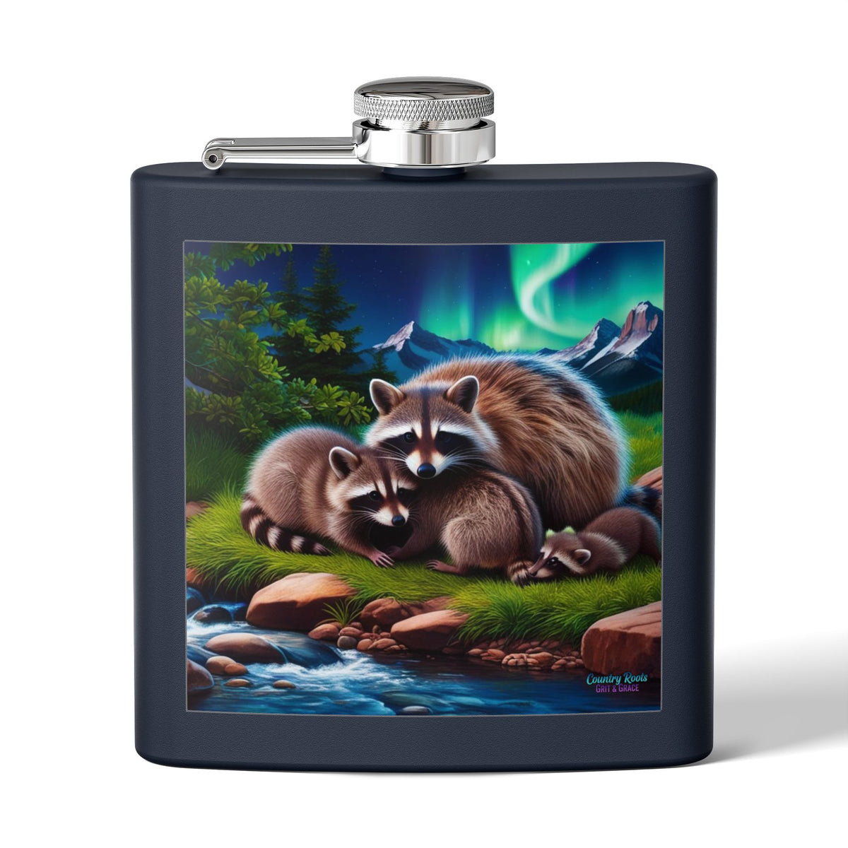 Raccoon Family 6oz Stainless Steel Flask — Woodland Night Aurora Design