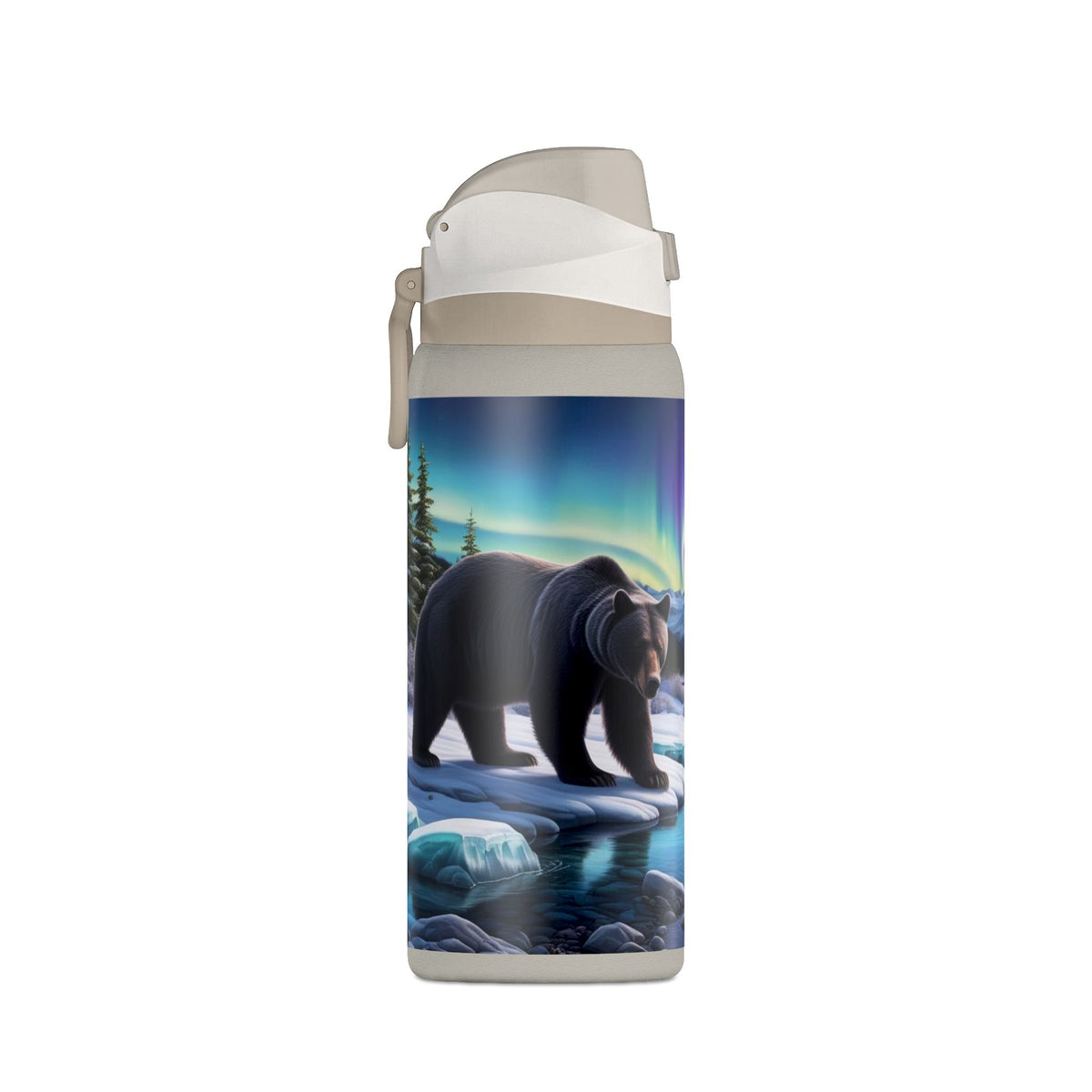 32oz Insulated Water Bottle — Northern Lights Bear Scene