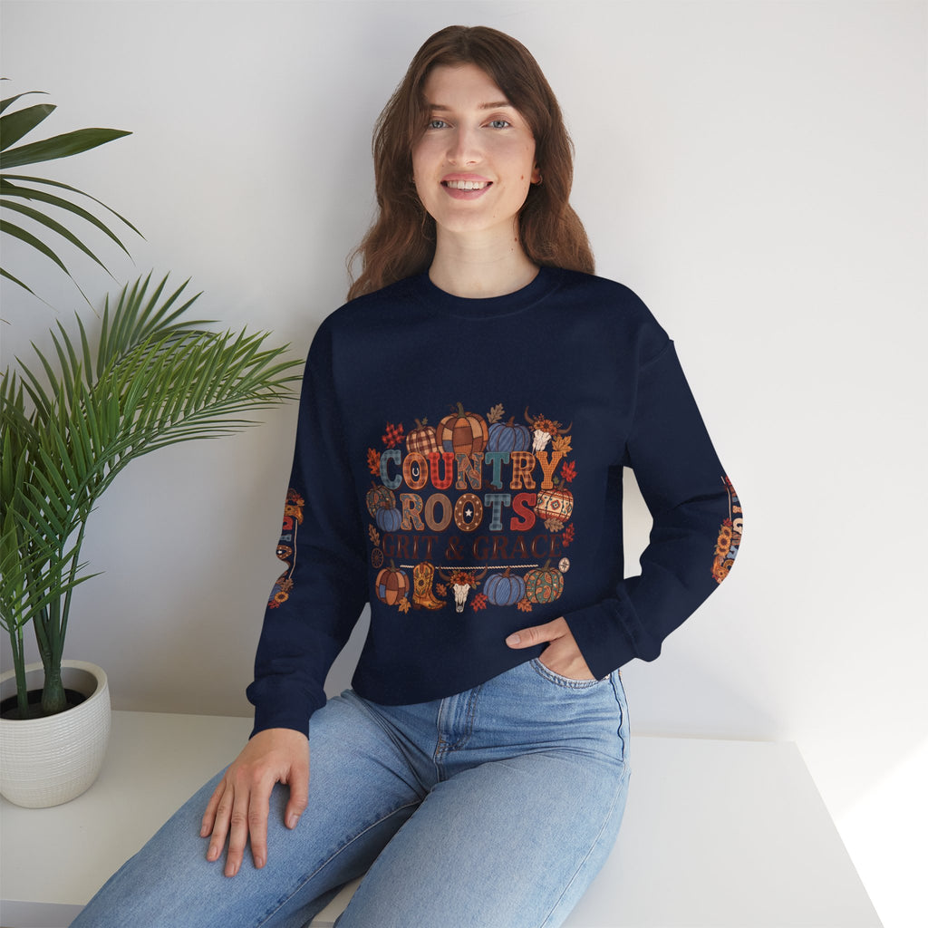 Country Roots Crewneck Sweatshirt — "Grit & Grace" Rustic Pumpkin Fall Design