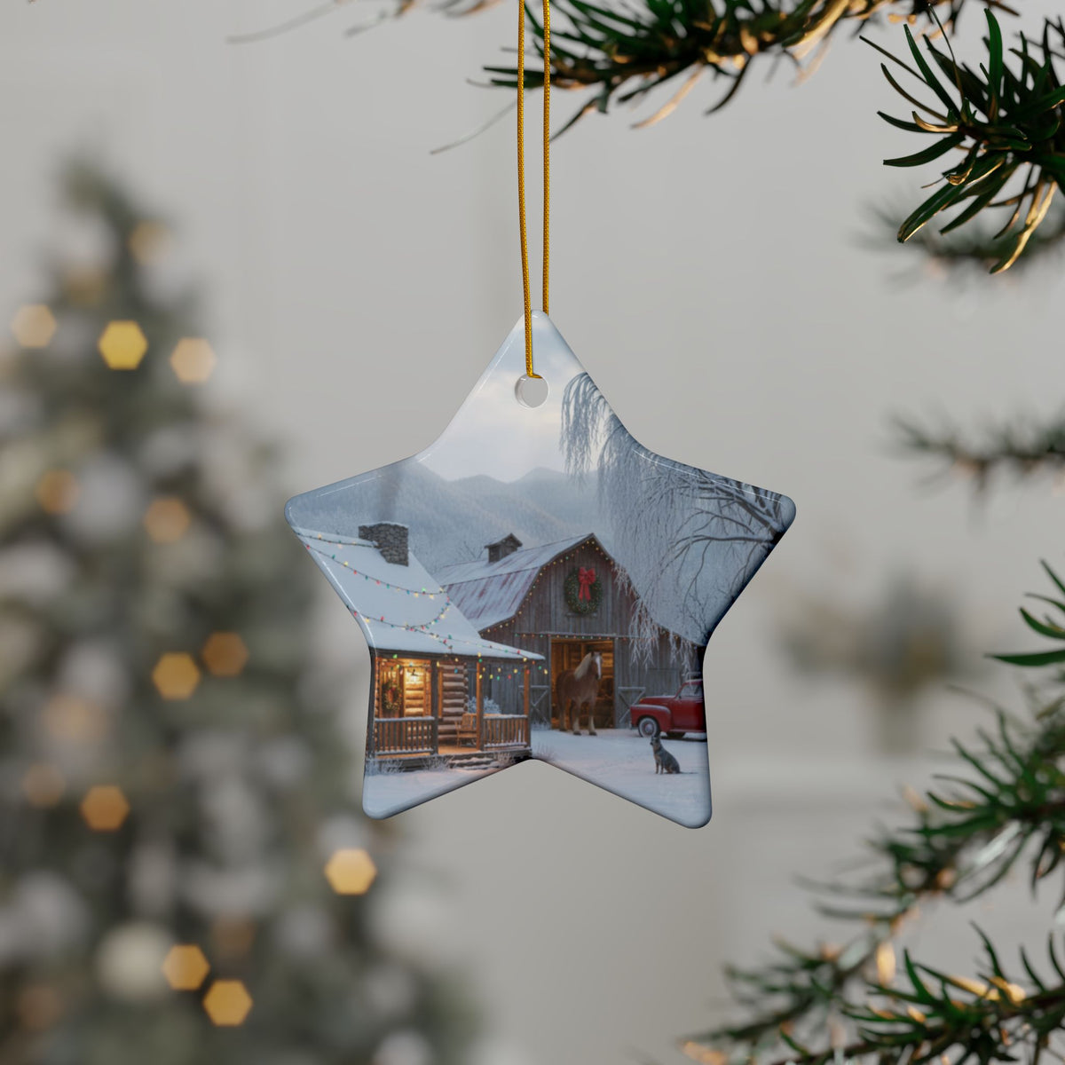 Round Ceramic Ornament — Snowy Cabin Winter Scene Holiday Decoration