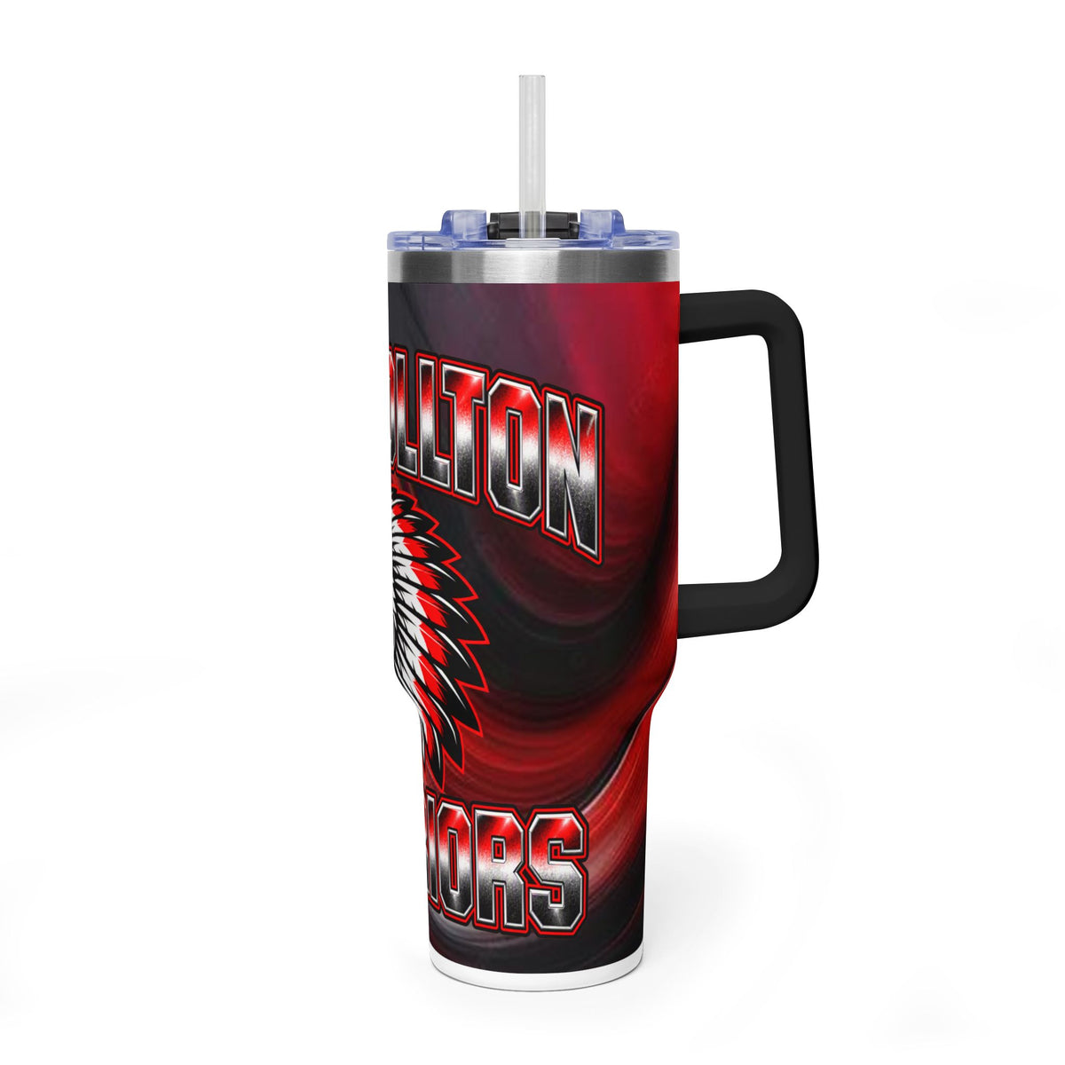 Warrior Mascot 40oz Vacuum Tumbler – Carrrollton Team Insulated Drinkware Different Colored Handles