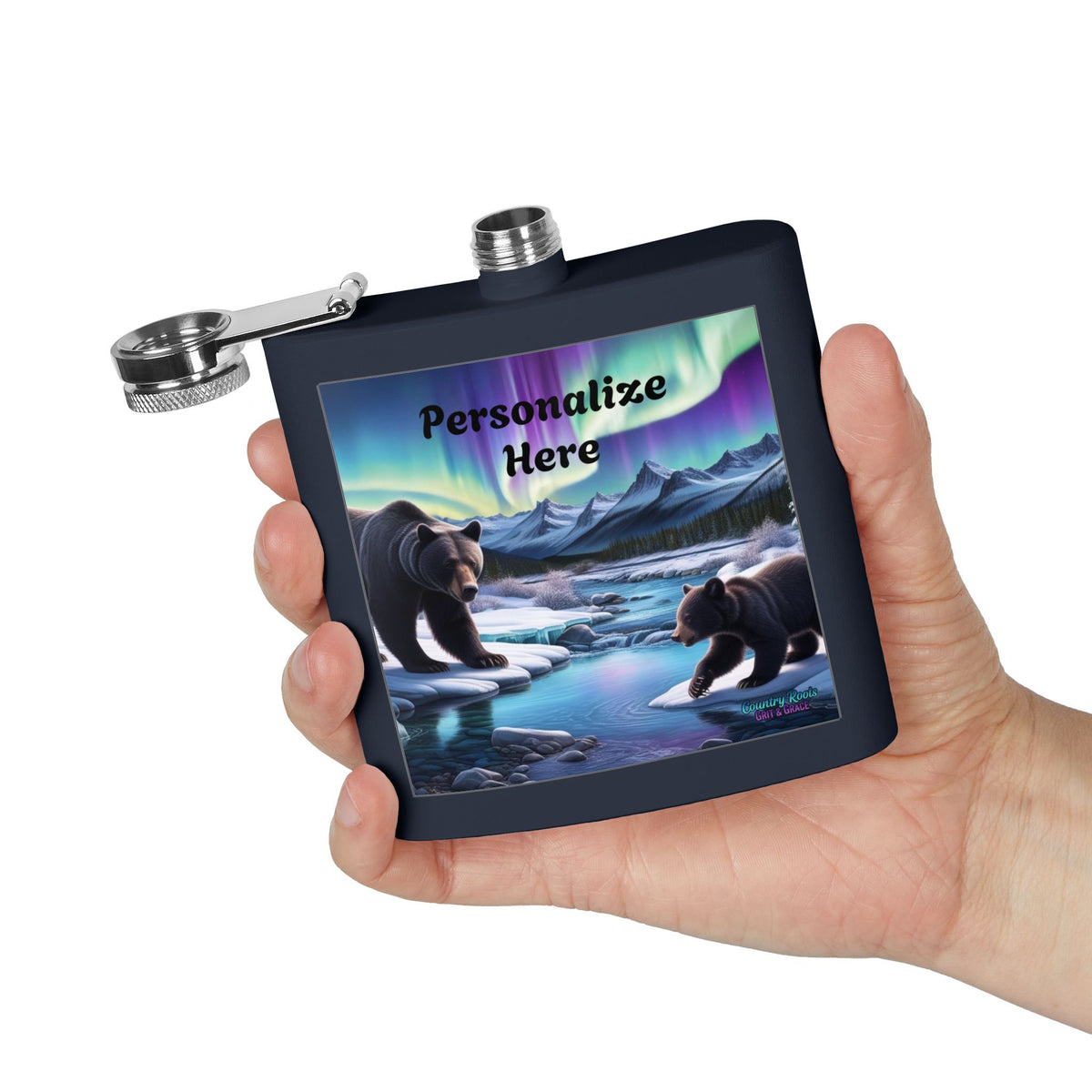 Personalized Northern Lights Bear Flask — 6oz Stainless Steel Hip Flask