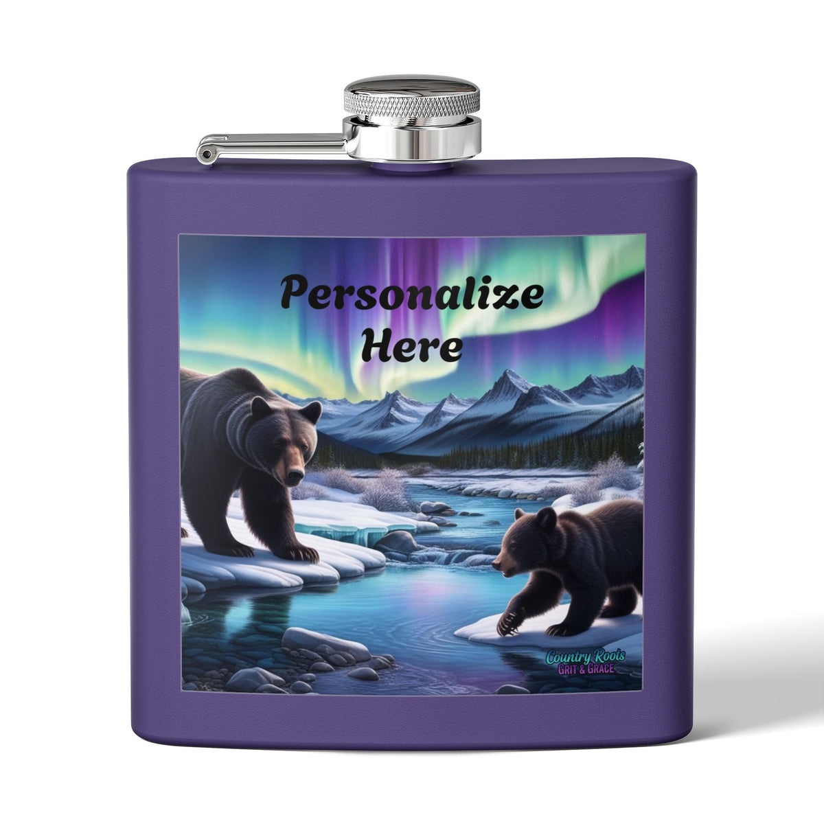Personalized Northern Lights Bear Flask — 6oz Stainless Steel Hip Flask