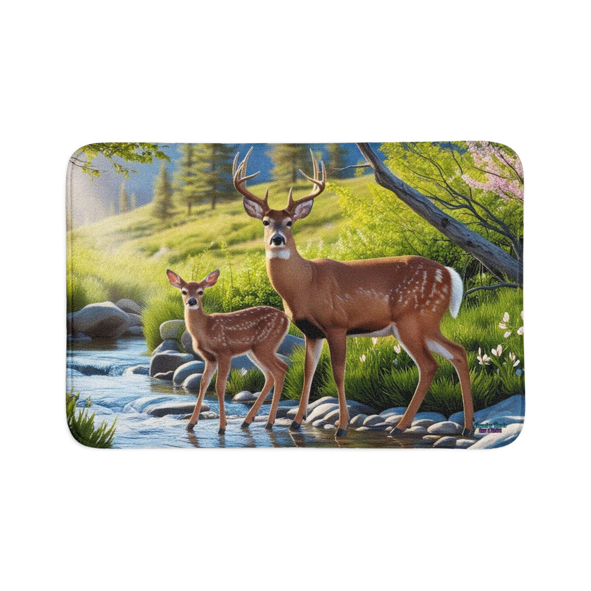 Deer Family 3-Piece Bath Mat Set — Woodland River Scene Bathroom Rugs