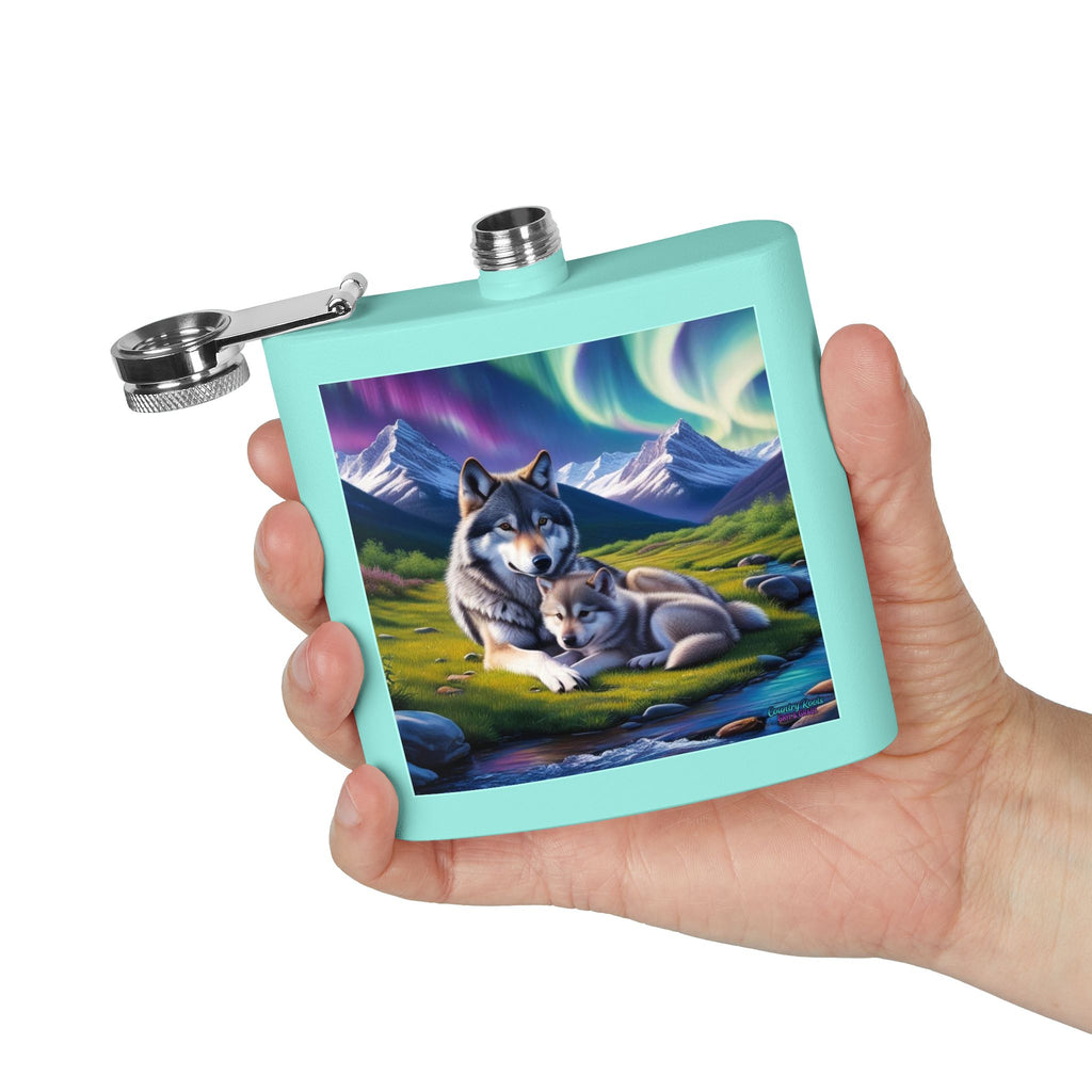 Wolf Family 6oz Stainless Steel Flask — Aurora Night Pocket Flask