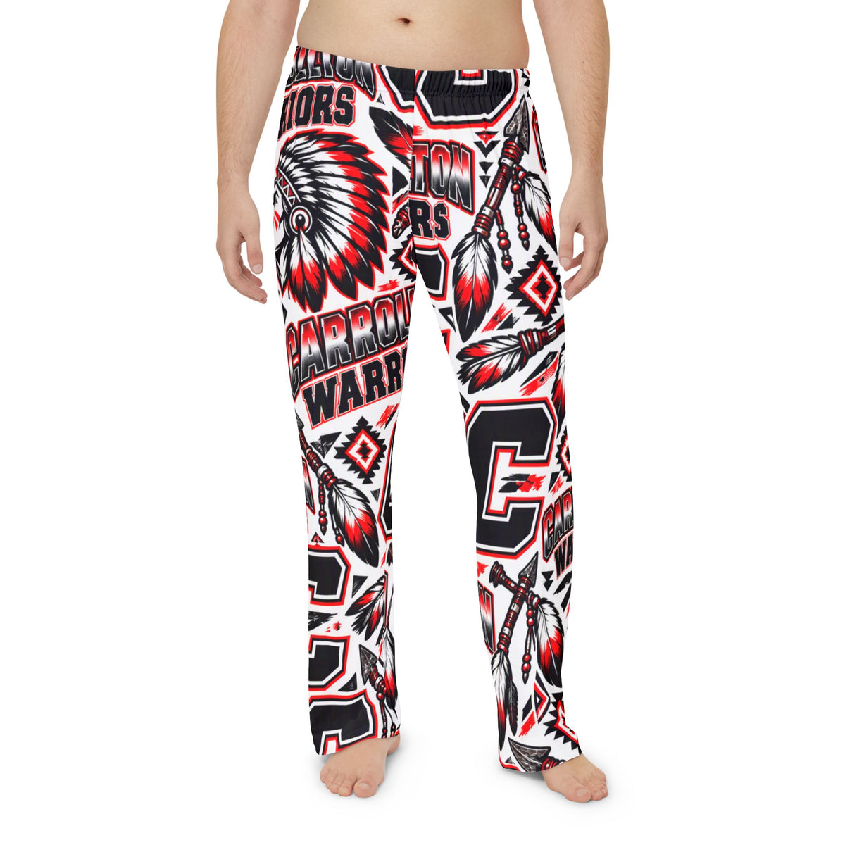 Carrollton Warriors Logo Pajama Pants Men's — Red & Black Tribal All-Over Print