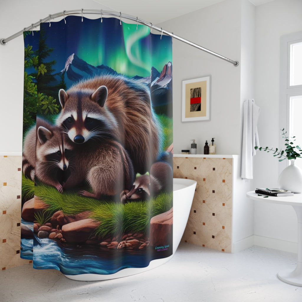 Raccoon Family Shower Curtain — Northern Lights Woodland Bathroom Decor
