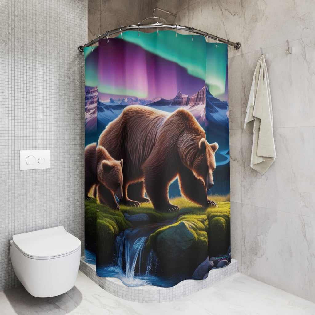 Bear Family Aurora Shower Curtain — Northern Lights Wilderness Bathroom Decor