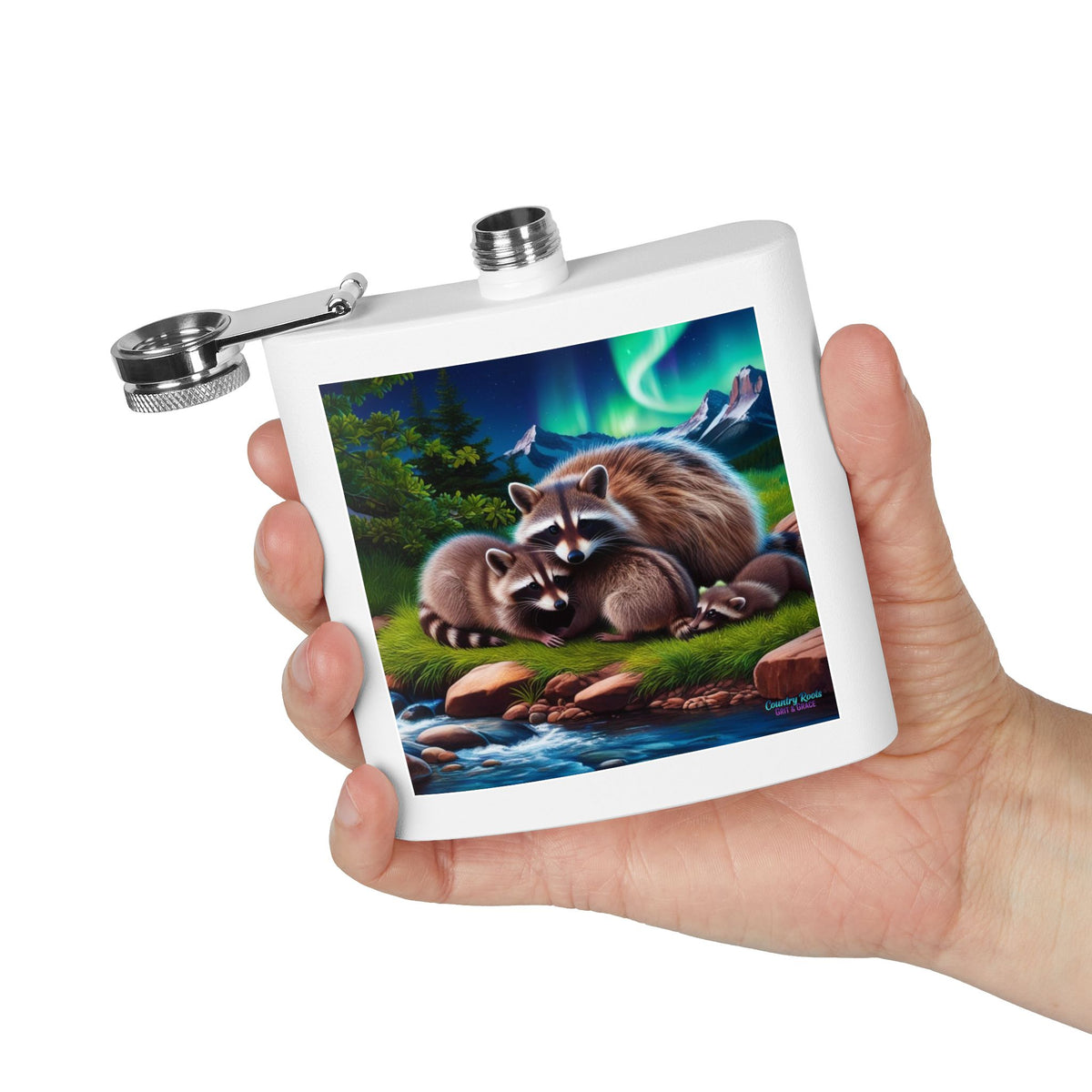Raccoon Family 6oz Stainless Steel Flask — Woodland Night Aurora Design