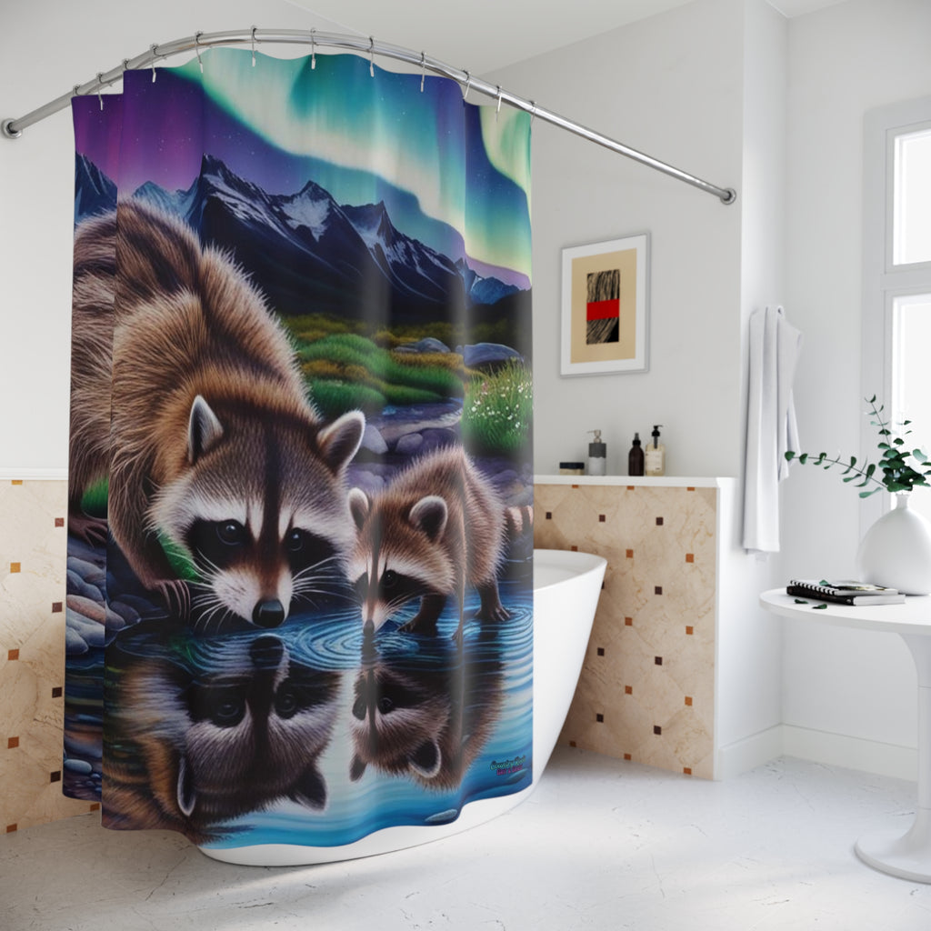 Raccoon Reflections Shower Curtain — Northern Lights Wildlife Bathroom Decor