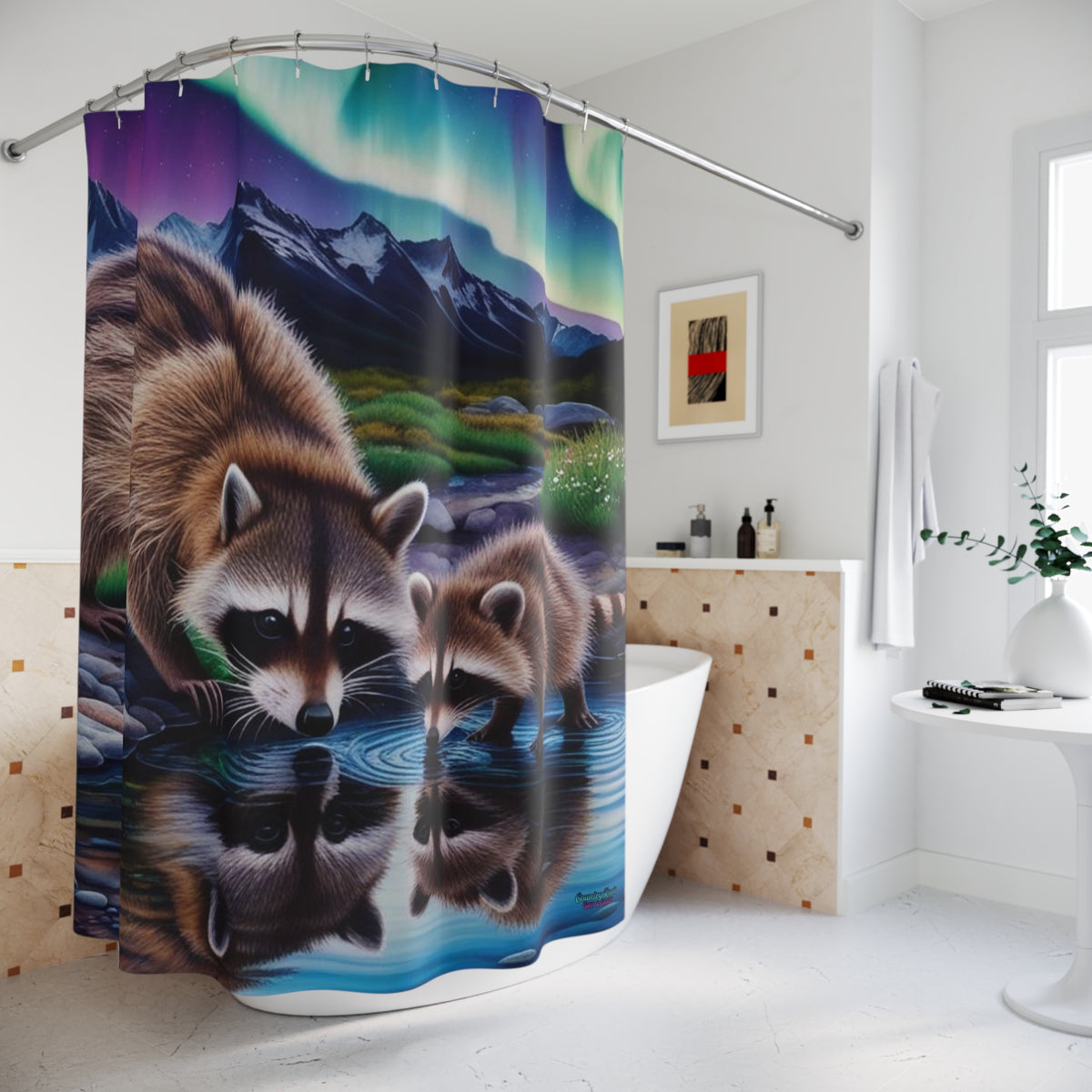 Raccoon Reflections Shower Curtain — Northern Lights Wildlife Bathroom Decor