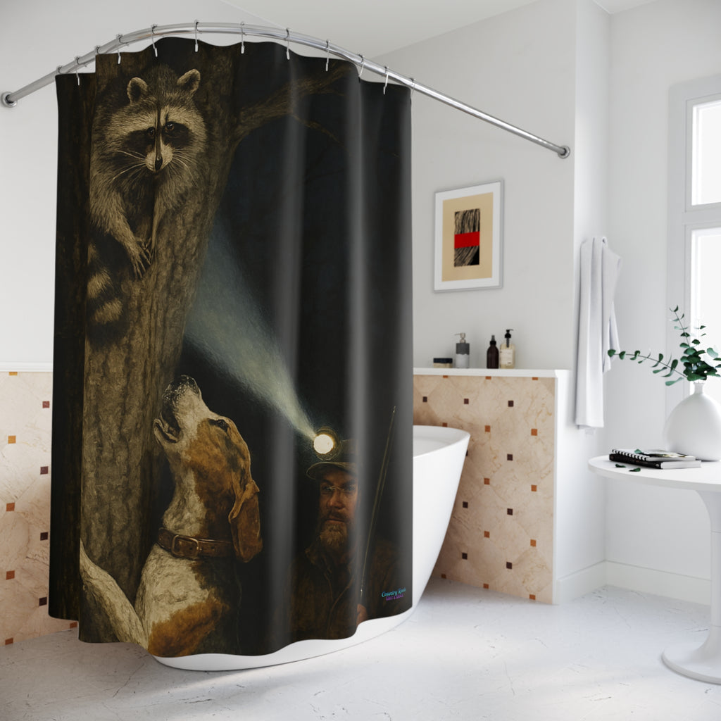 Shower Curtain — Night Forest Raccoon & Hound Bathroom Curtain, Man with Headlamp Wildlife Adventure