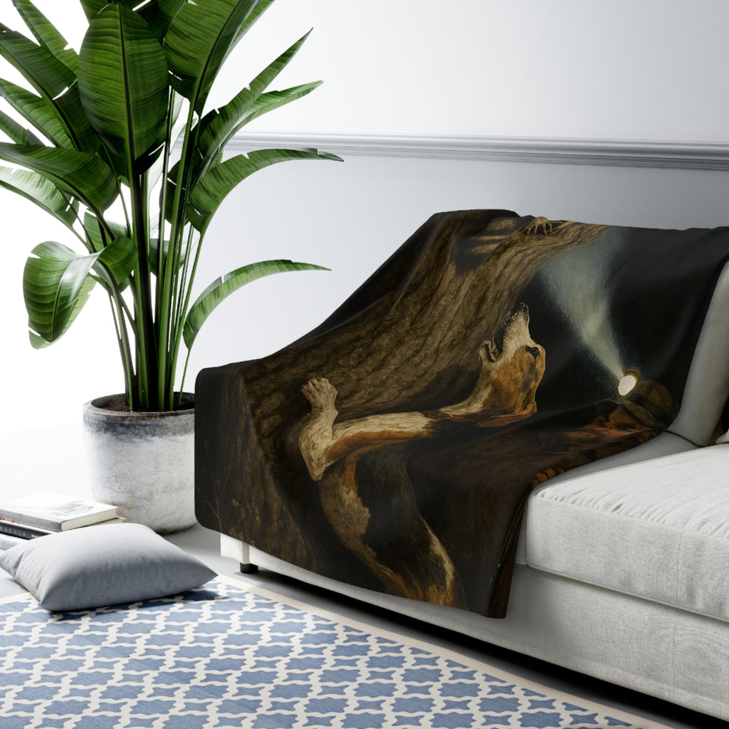 Sherpa Blanket with Hunting Dog & Raccoon Illustration — Cozy Cabin Throw for Outdoorsmen