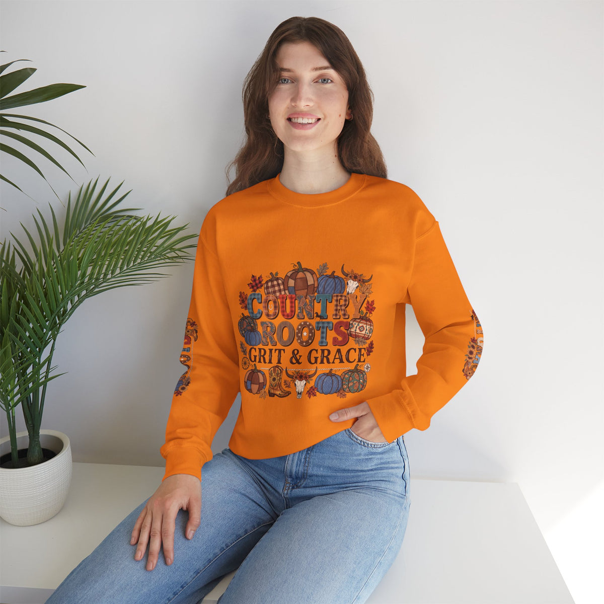 Country Roots Crewneck Sweatshirt — "Grit & Grace" Rustic Pumpkin Fall Design