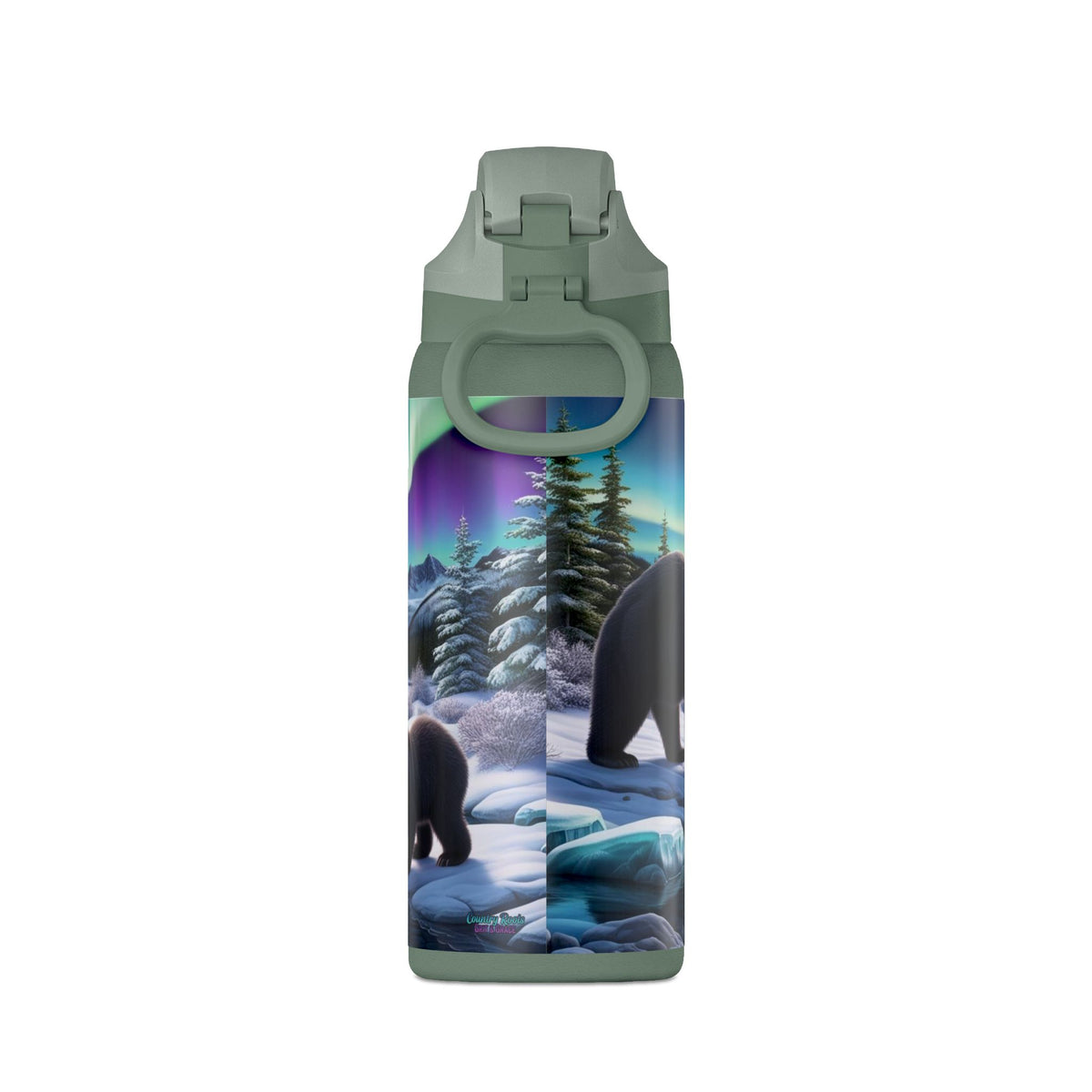 32oz Insulated Water Bottle — Northern Lights Bear Scene