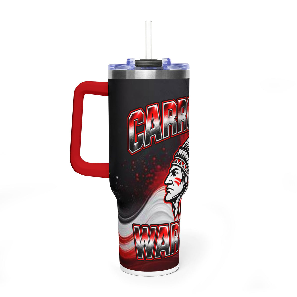 Warrior Mascot 40oz Vacuum Tumbler – Carrrollton Team Insulated Drinkware Different Colored Handles