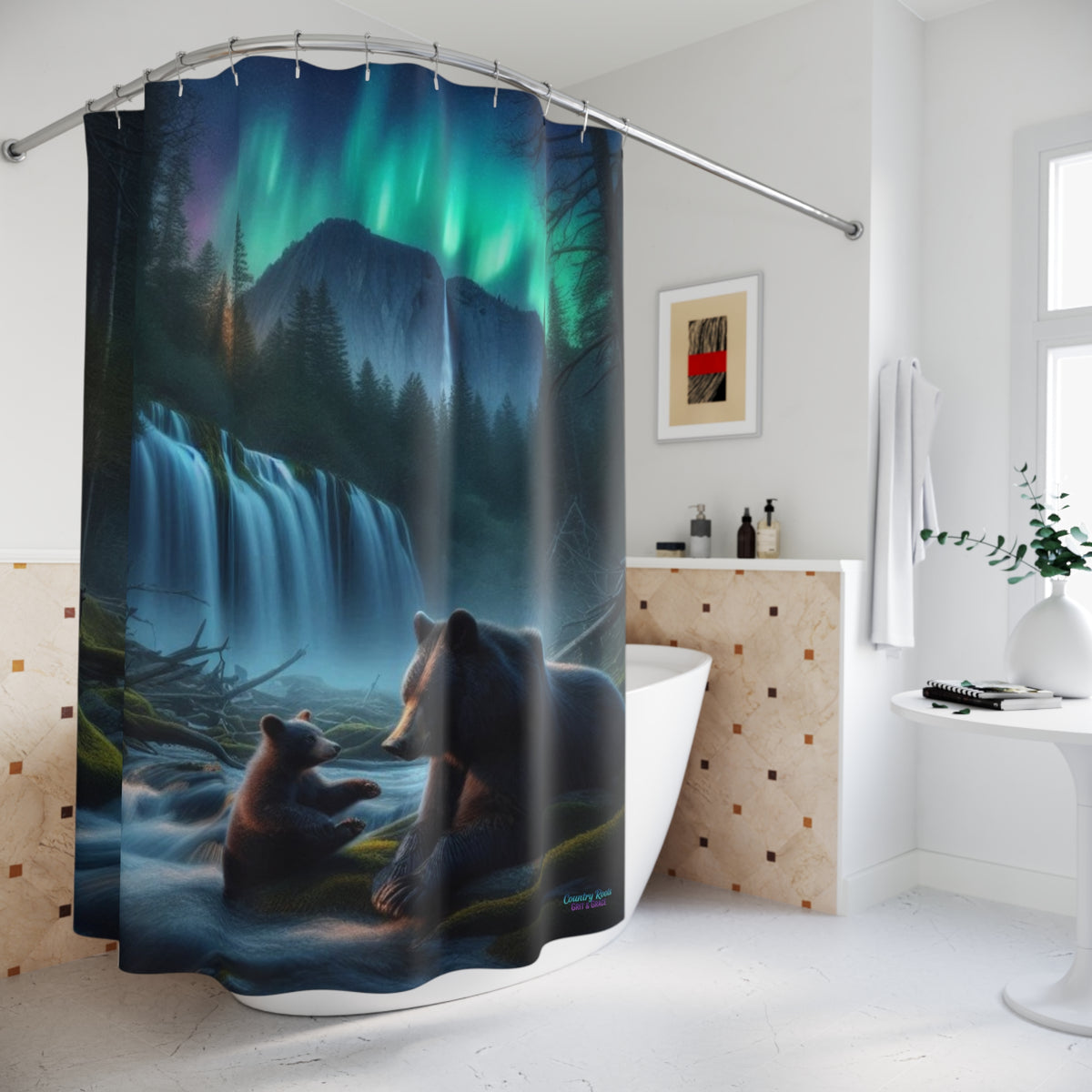 Aurora Wilderness Shower Curtain — Bear & Cub Waterfall Nature Scene