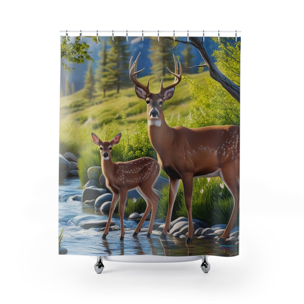 Deer Forest Shower Curtain – Majestic Buck and Fawn Nature Bathroom Décor