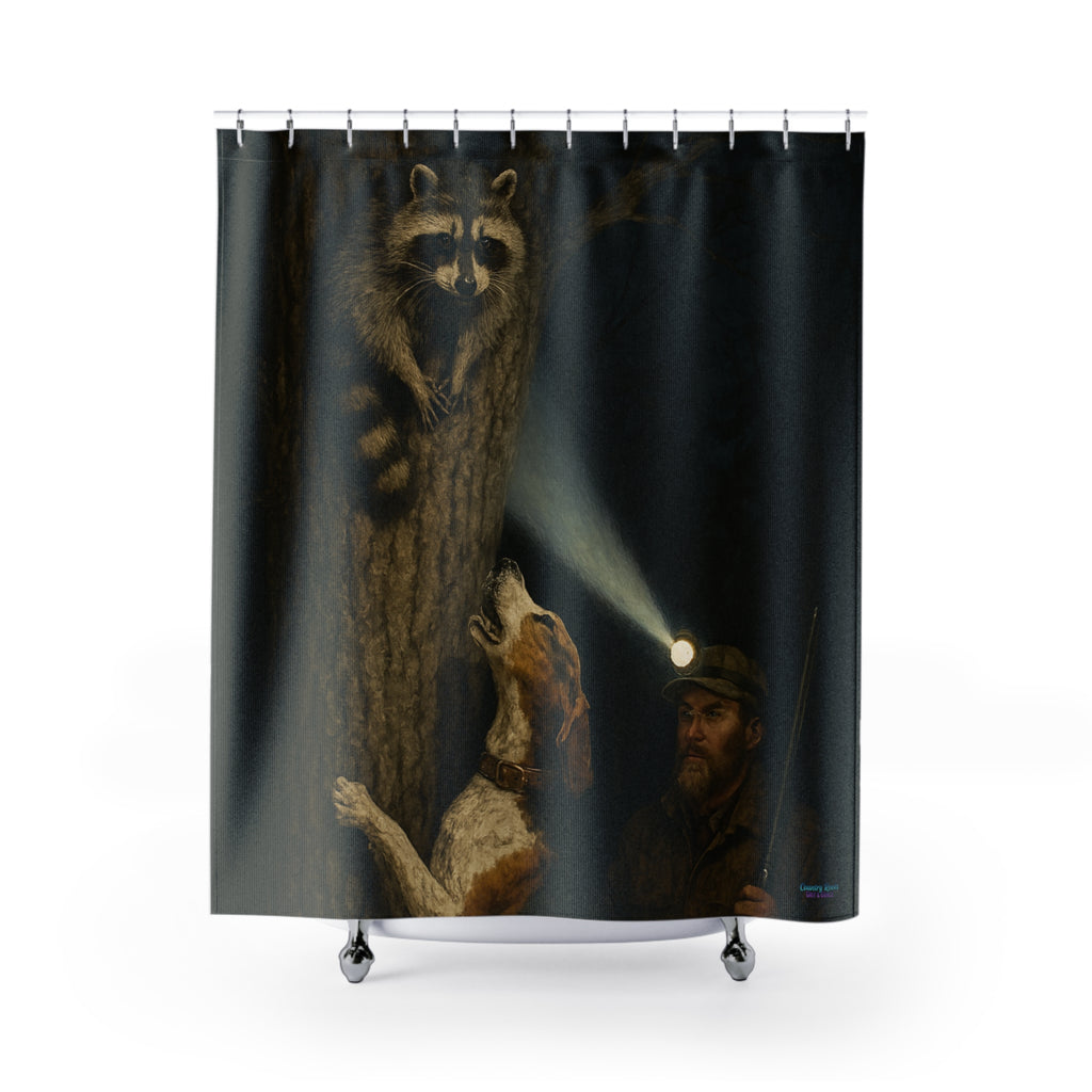 Shower Curtain — Night Forest Raccoon & Hound Bathroom Curtain, Man with Headlamp Wildlife Adventure
