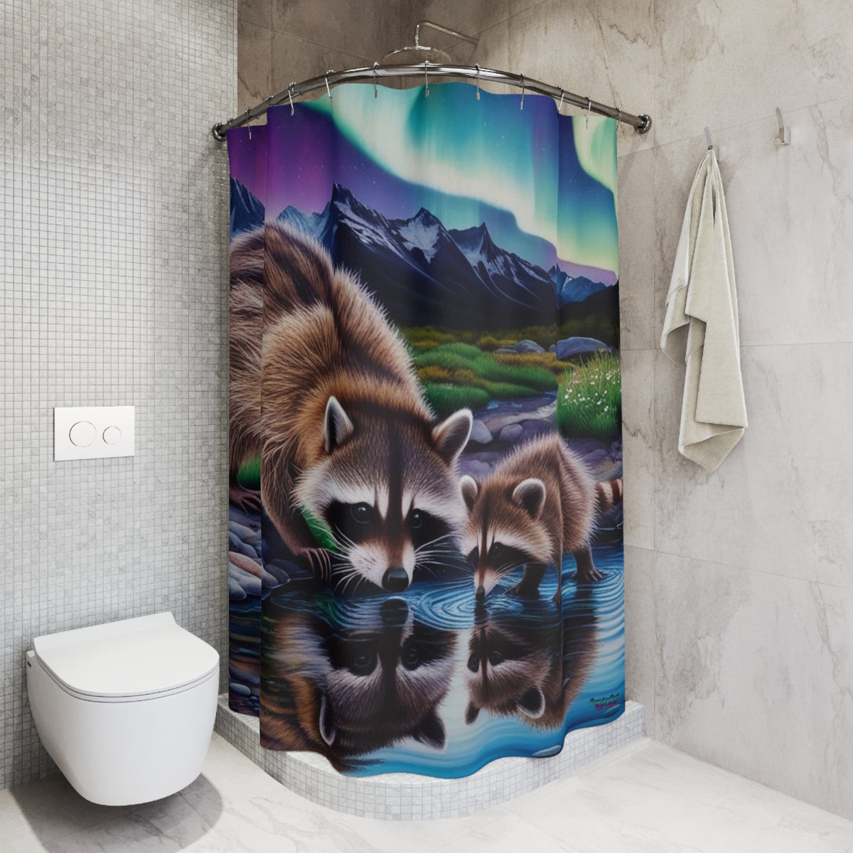 Raccoon Reflections Shower Curtain — Northern Lights Wildlife Bathroom Decor