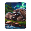 Raccoon Mama & Baby Sherpa Blanket – Cozy Fleece Throw with Northern Lights