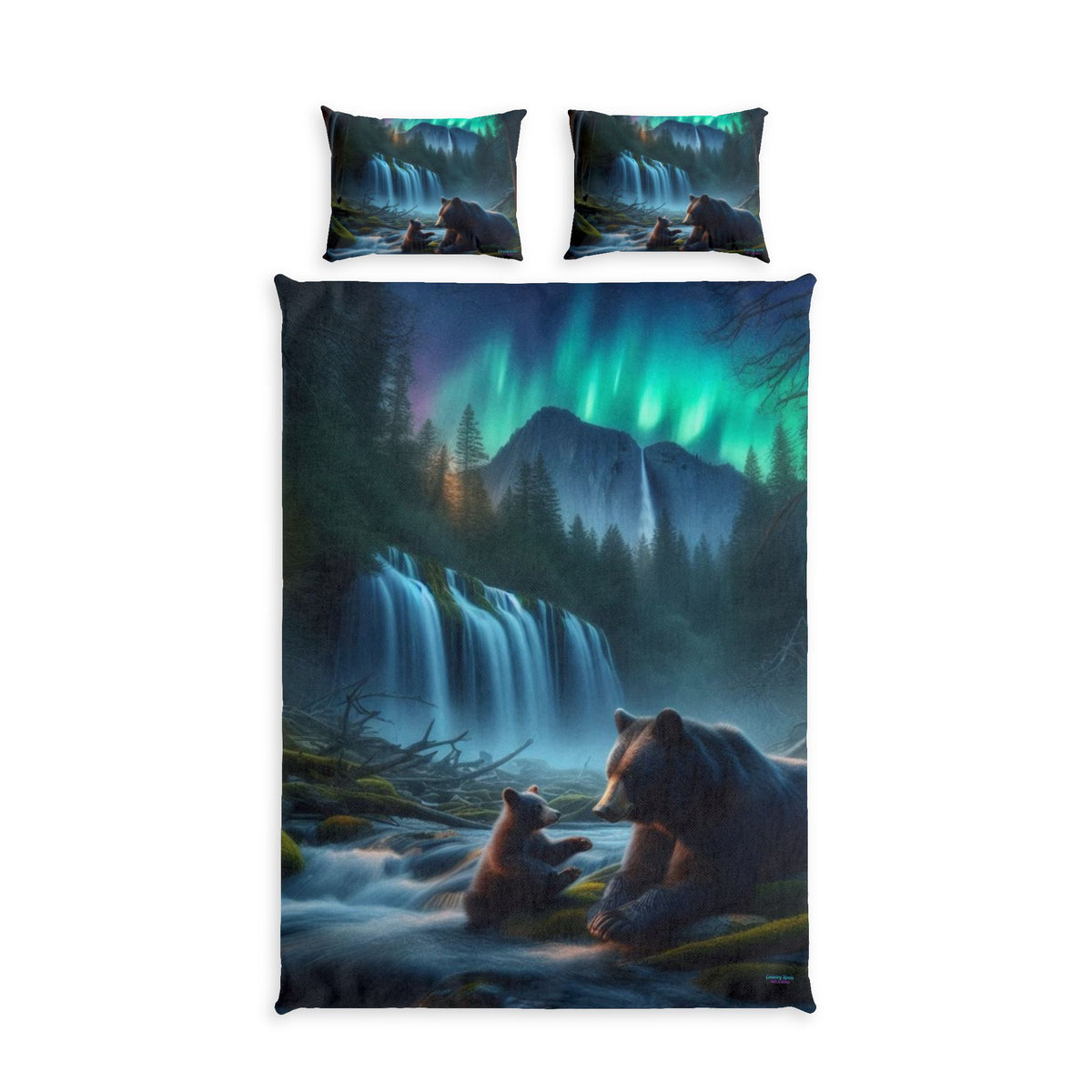 Aurora Bear Waterfall Cotton Duvet Cover Set — Northern Lights Animal Bedding