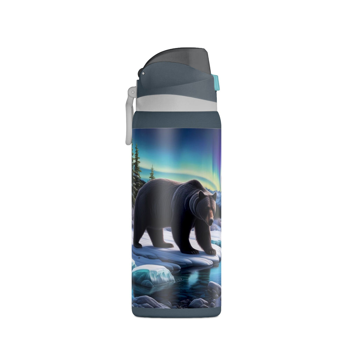 32oz Insulated Water Bottle — Northern Lights Bear Scene