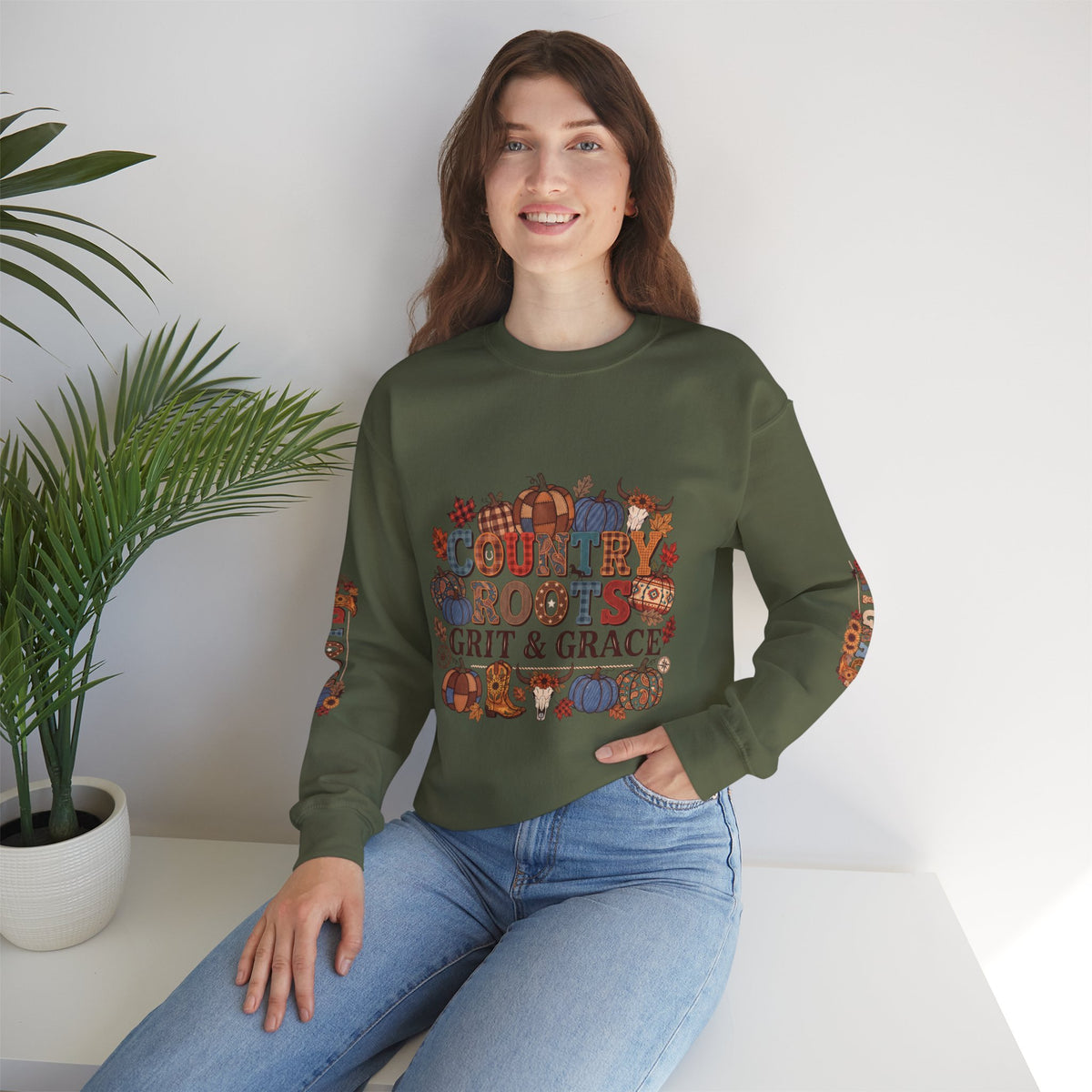 Country Roots Crewneck Sweatshirt — "Grit & Grace" Rustic Pumpkin Fall Design