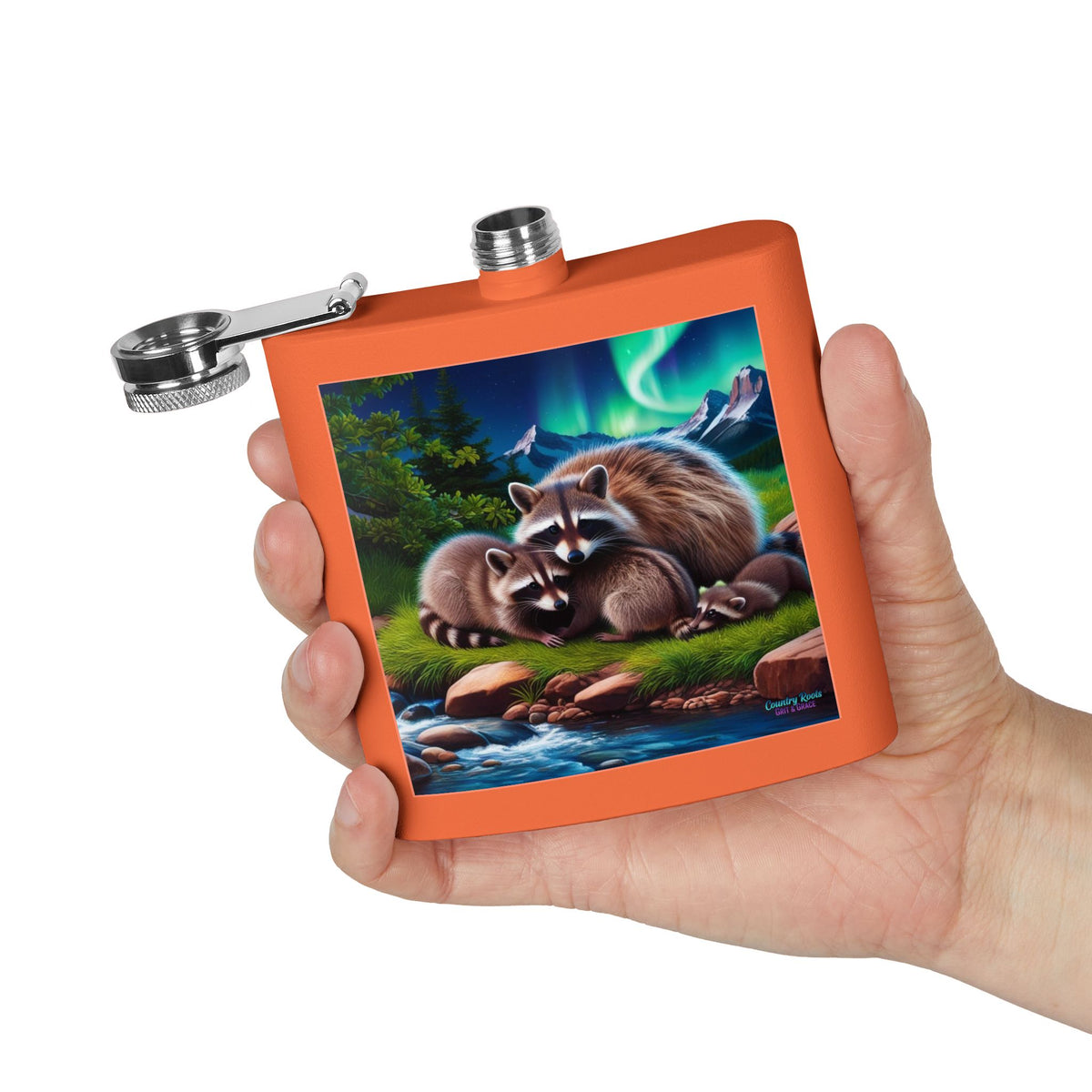Raccoon Family 6oz Stainless Steel Flask — Woodland Night Aurora Design