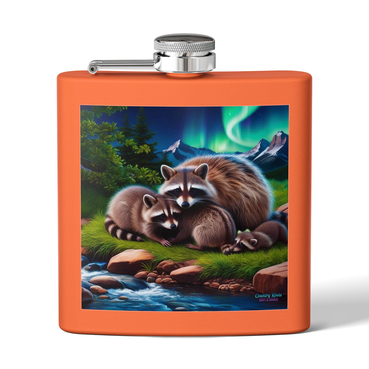 Raccoon Family 6oz Stainless Steel Flask — Woodland Night Aurora Design