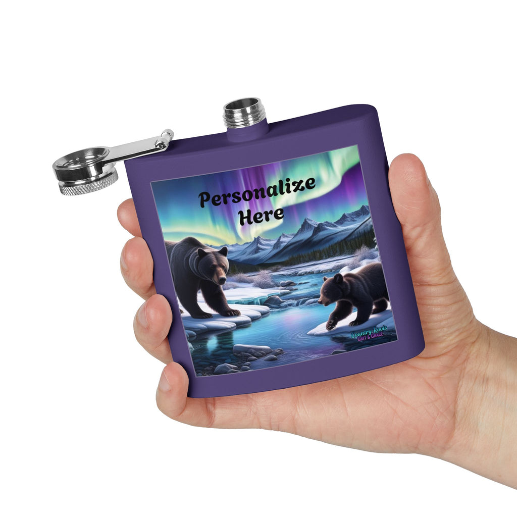 Personalized Northern Lights Bear Flask — 6oz Stainless Steel Hip Flask
