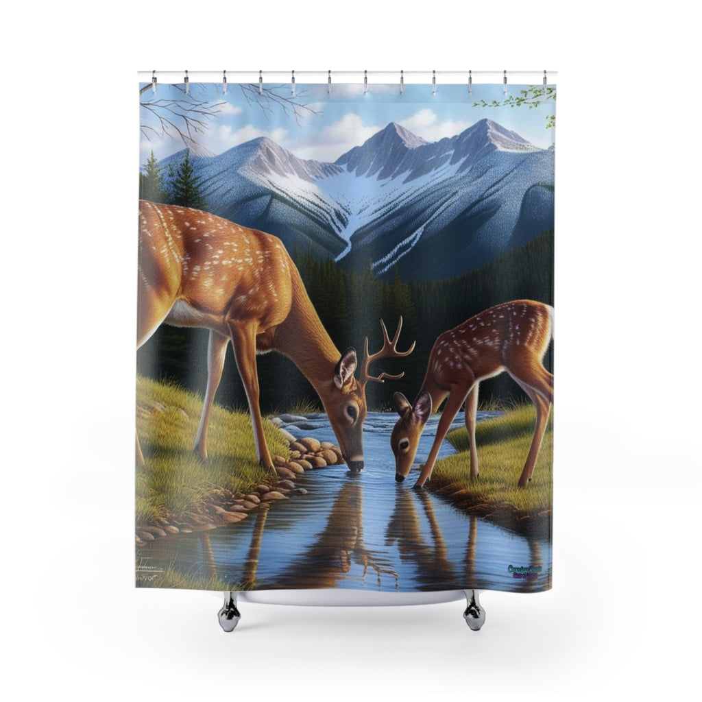 Deer Mountain Shower Curtain — Scenic Woodland Deer & Snowy Peaks Bathroom Decor
