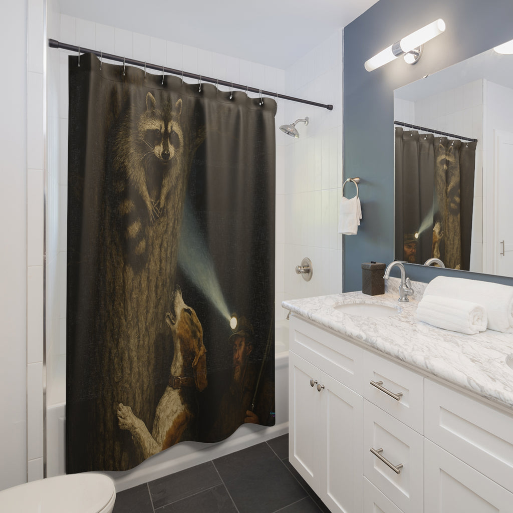 Shower Curtain — Night Forest Raccoon & Hound Bathroom Curtain, Man with Headlamp Wildlife Adventure