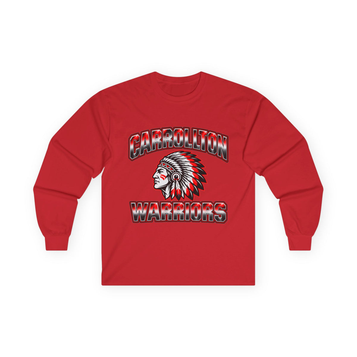 Carrollton Warriors Long Sleeve Tee — Native Chief Mascot School Spirit Shirt