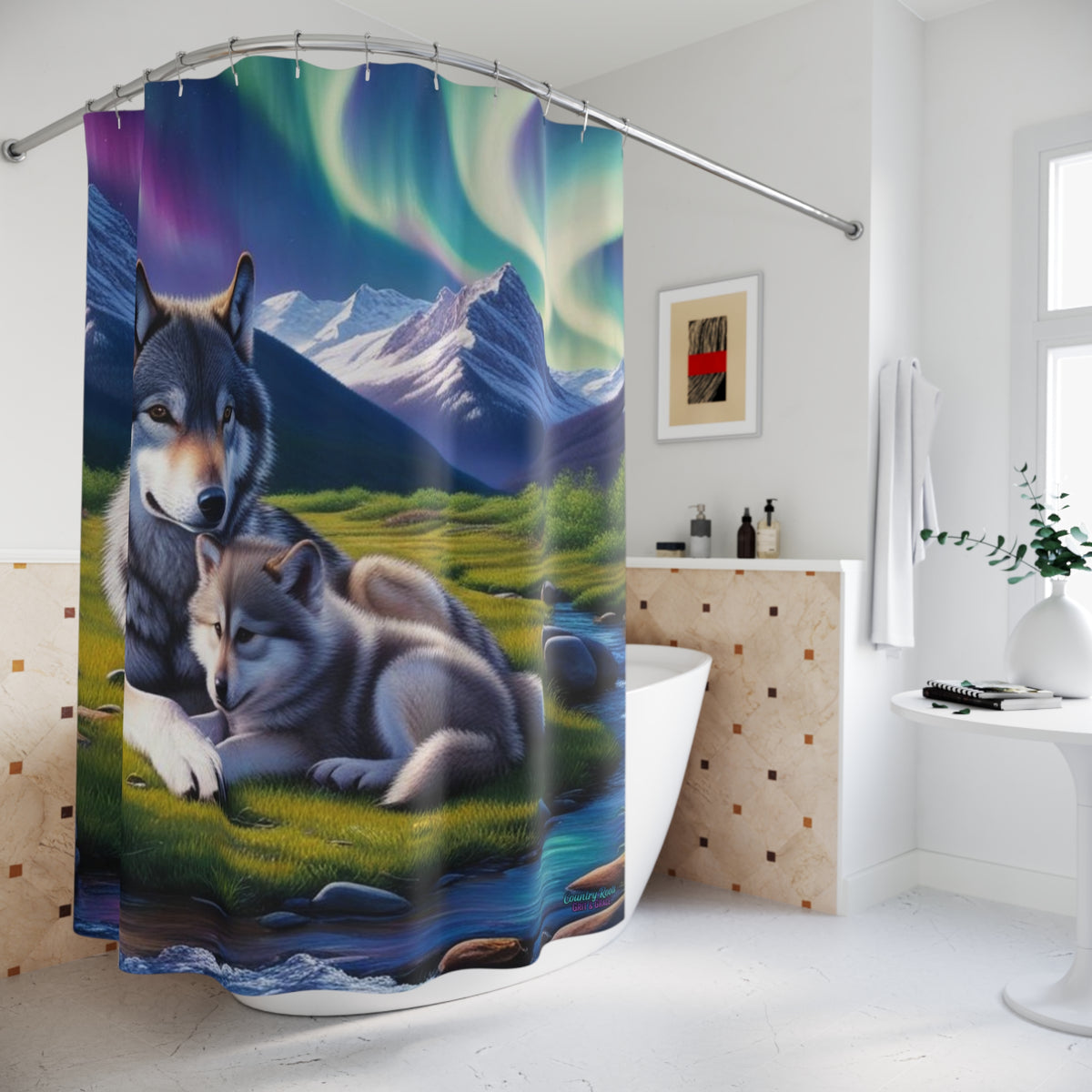 Northern Lights Wolf Shower Curtain — Aurora Borealis Wolf & Pup Bathroom Decor