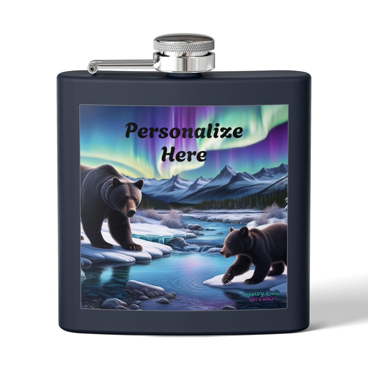 Personalized Northern Lights Bear Flask — 6oz Stainless Steel Hip Flask