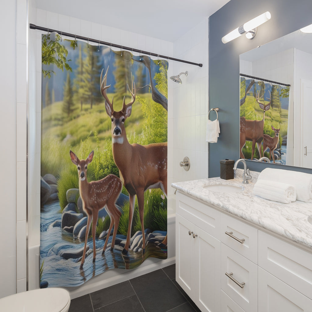 Deer Forest Shower Curtain – Majestic Buck and Fawn Nature Bathroom Décor