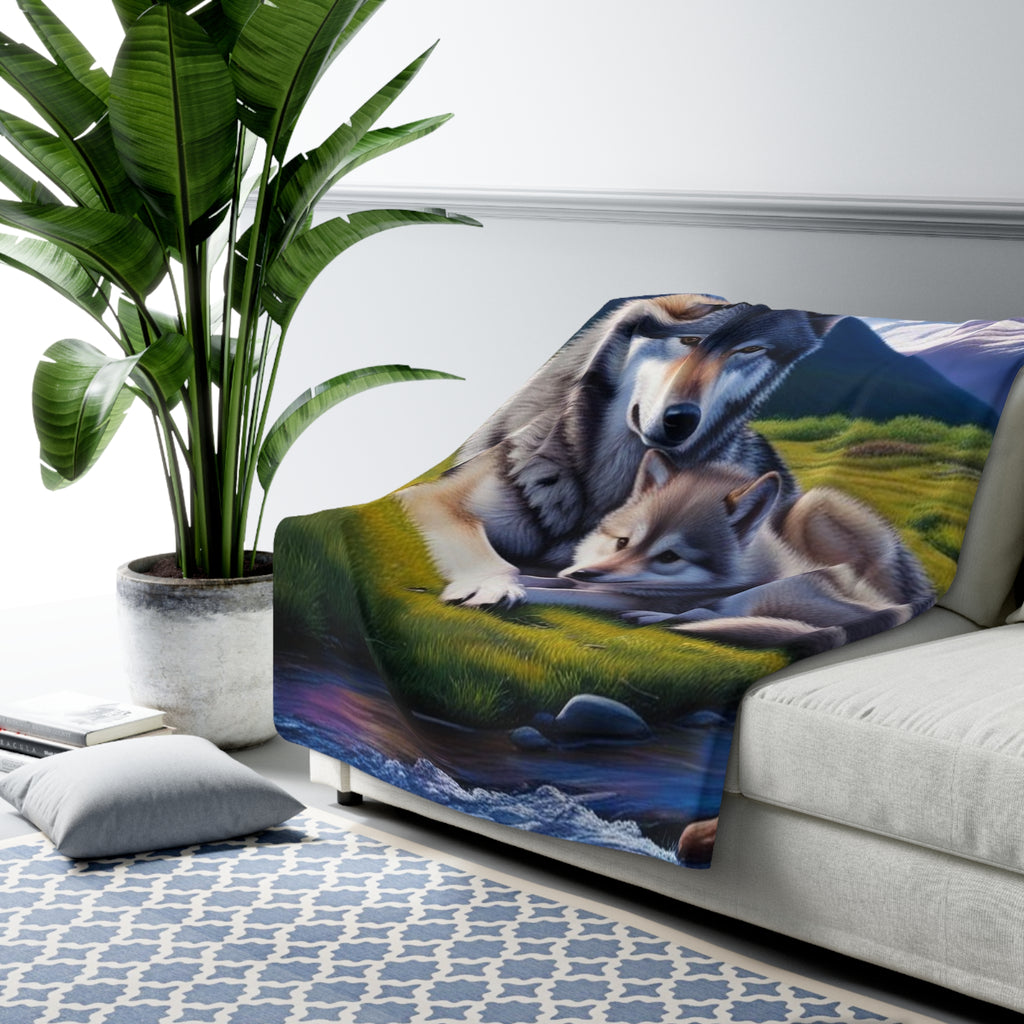 Aurora Wolf Sherpa Blanket — Cozy Northern Lights Fleece for Nature & Animal Lovers