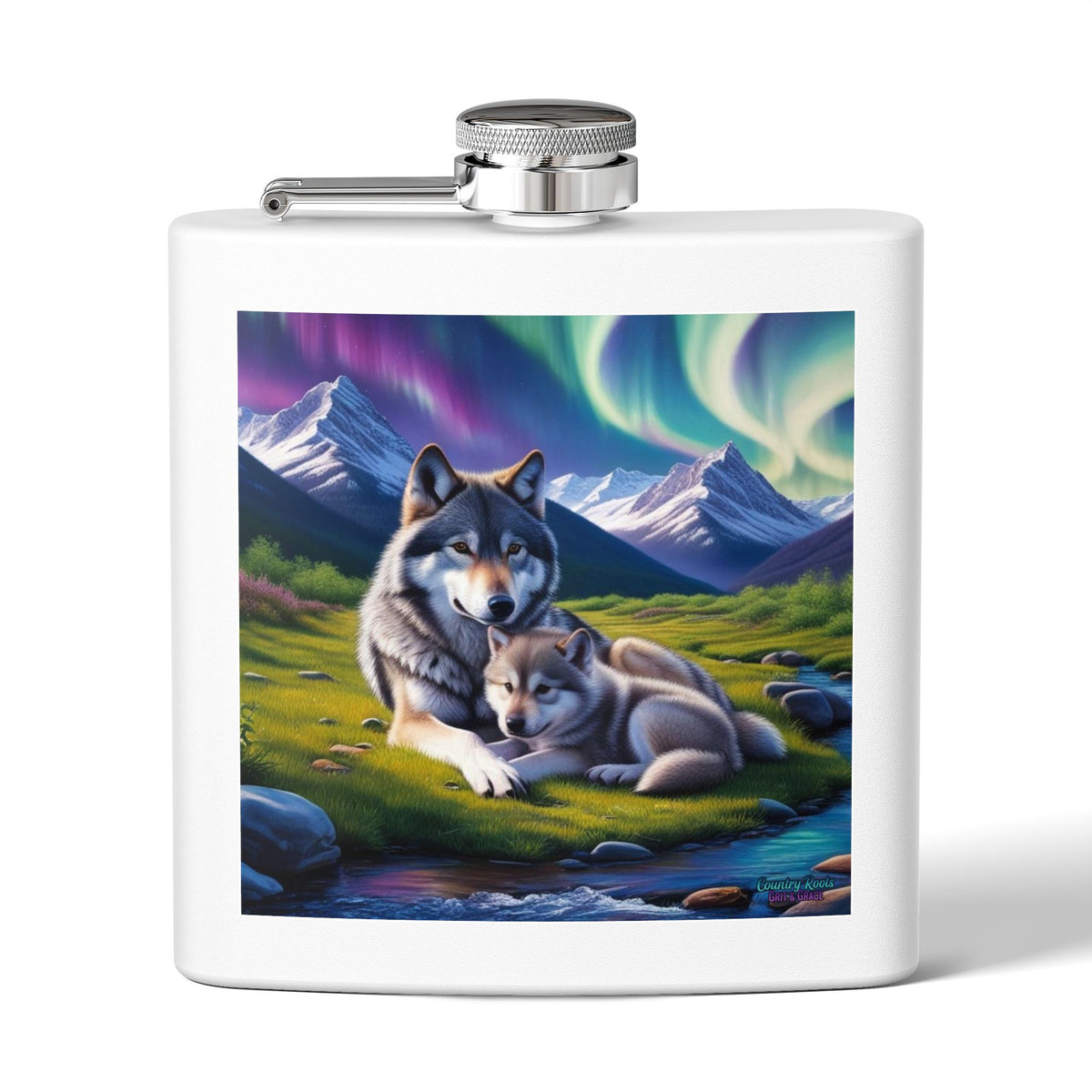 Wolf Family 6oz Stainless Steel Flask — Aurora Night Pocket Flask