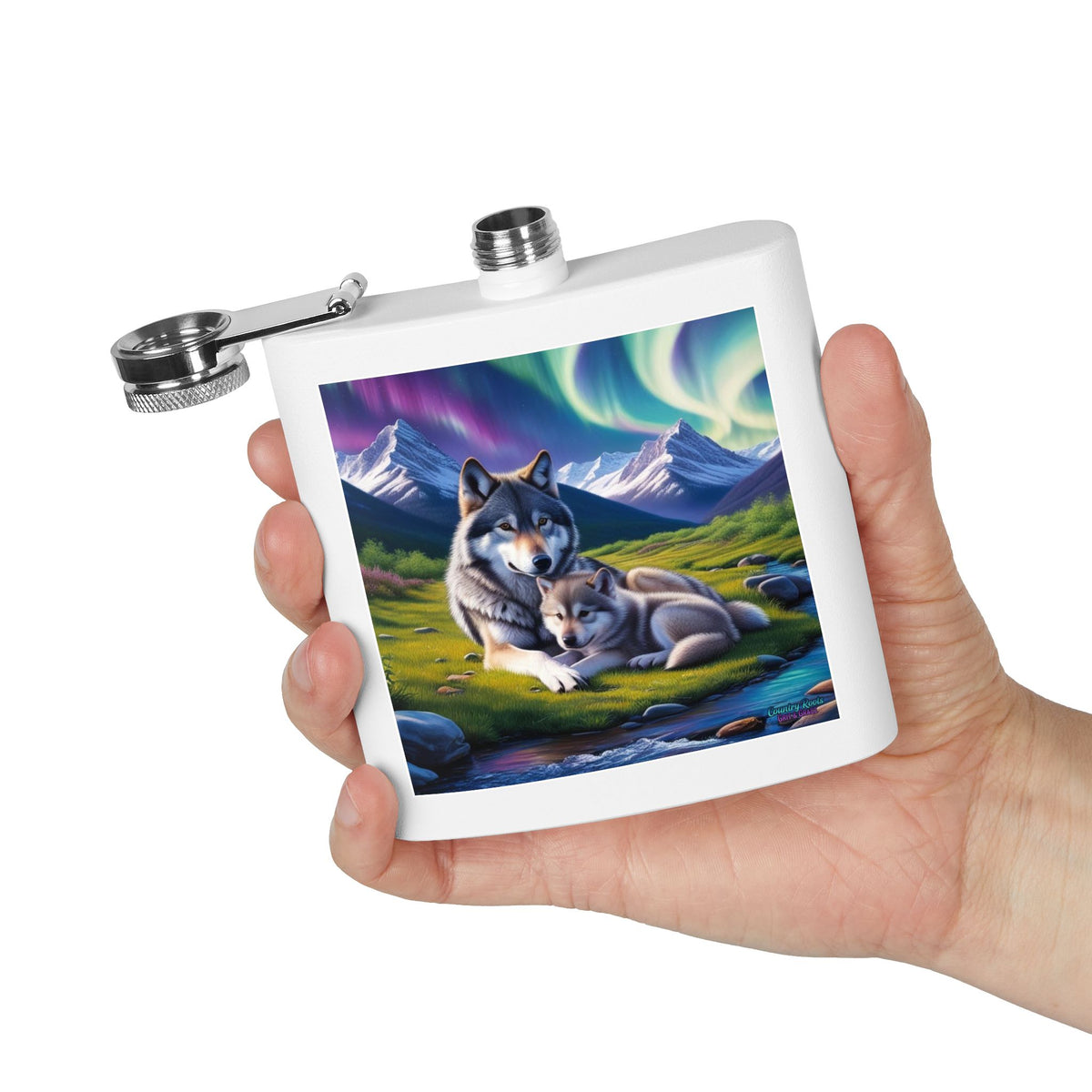 Wolf Family 6oz Stainless Steel Flask — Aurora Night Pocket Flask