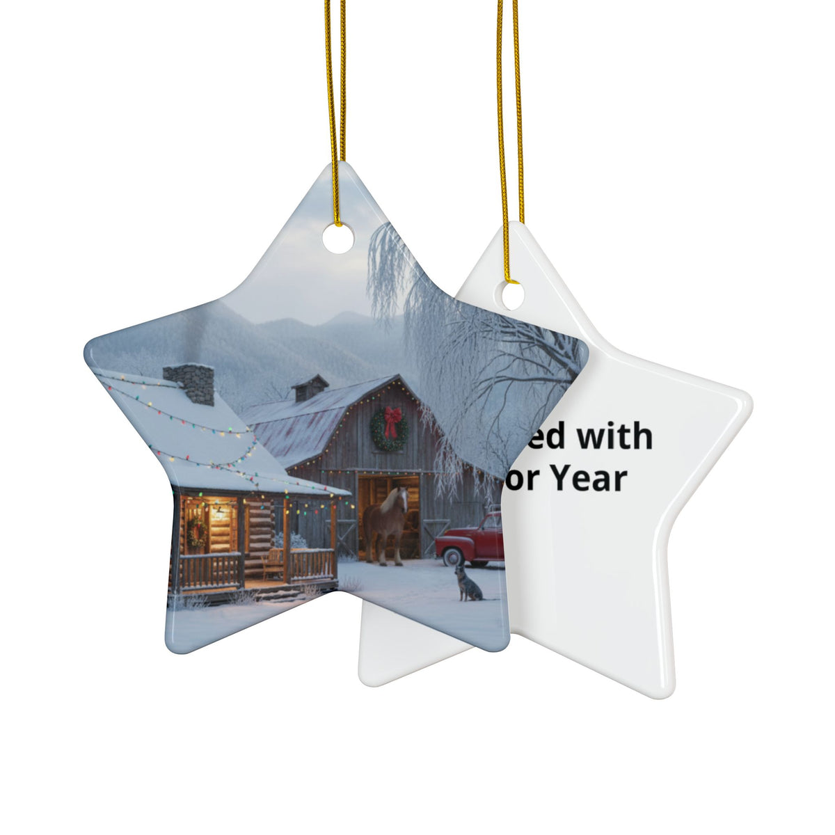 Round Ceramic Ornament — Snowy Cabin Winter Scene Holiday Decoration