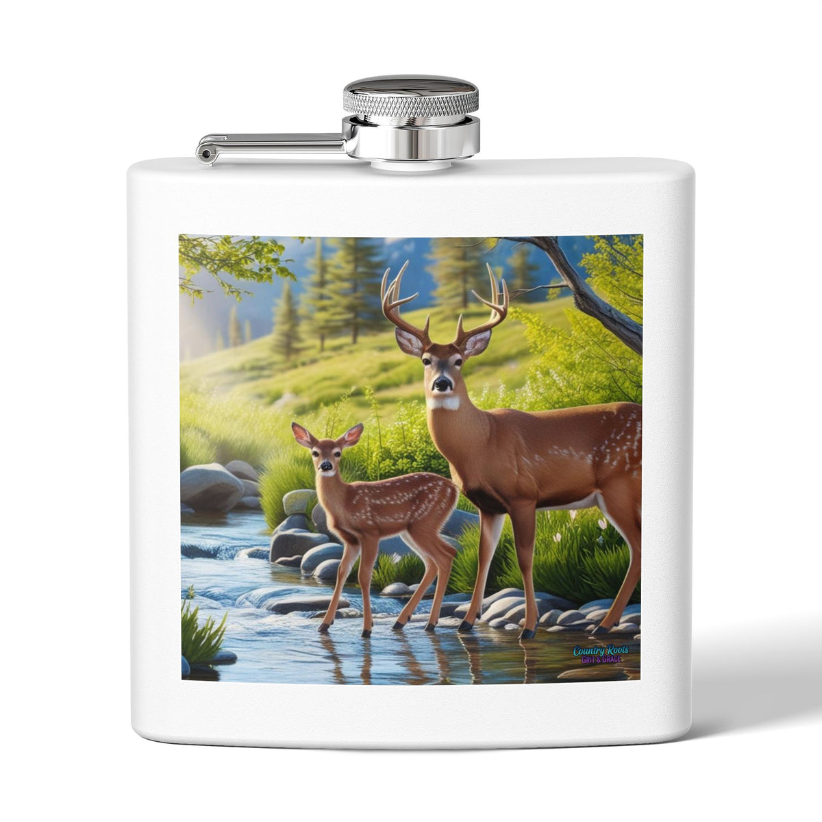 6oz Stainless Steel Flask — Deer & Fawn Streamside Woodland Design