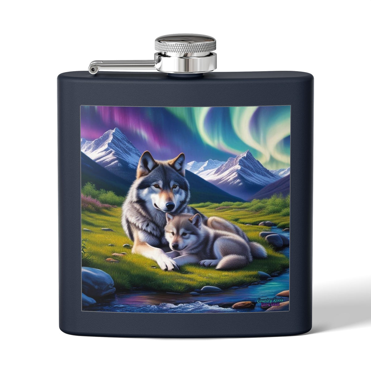 Wolf Family 6oz Stainless Steel Flask — Aurora Night Pocket Flask